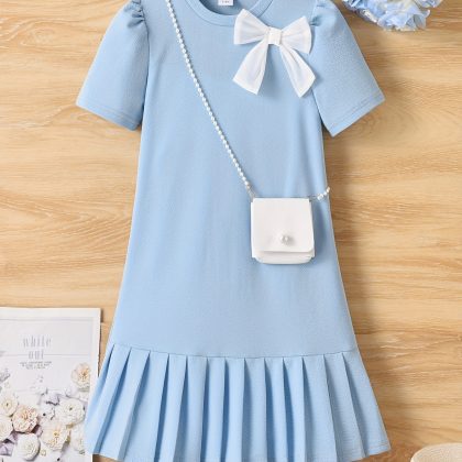 Short-Sleeved Round-Neck Vacation-Style Dress with Ruffled Hem for Teenage Girls