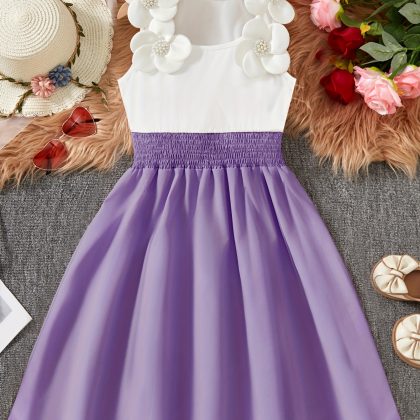 Stylish Floral Color Block Dress - Casual Purple & White Pleated Design with Flower Applique Details, Elastic Waistband, Perfect for Spring/Summer Outfits, Casual Summer Wear|Floral Detail Dress|Fashion Accessory