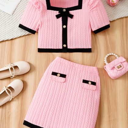 Spring/Summer Youth Female Fashion Elegant Square Collar Short Sleeve Top with Skirt Set