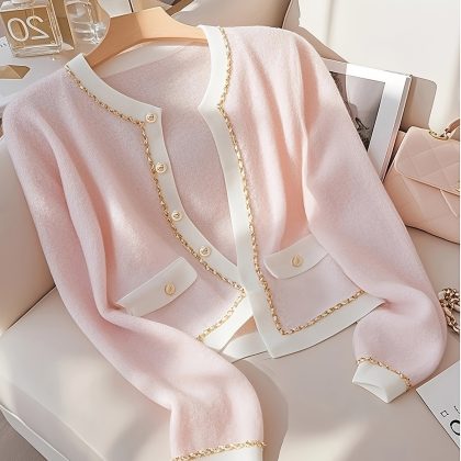 Women's Elegant Pink Chiffon Cardigan - Soft Round Neck Long Sleeve Open Front Jacket with Decorative Buttons & Faux Pockets, Lightweight Spring/Fall Layering Piece for Casual or Formal Outfits, Autumn Layering Piece, Buttoned Knitwear, Quality Craftsmanship