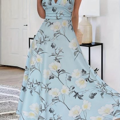 Floral Print V-neck Tank Dress, Elegant Sleeveless Ruffle Hem Aline Dress For Spring & Summer, Women's Clothing