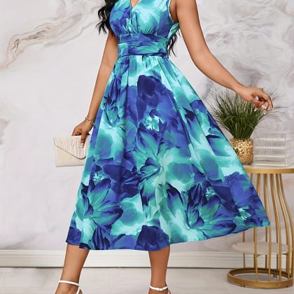 Women's Elegant Floral Print V-Neck Sleeveless Summer Dress - A-Line Smocked Waist, Machine Washable, Blue & Turquoise Party & Casual Outfit for Festive Gatherings, Comfortable Heels