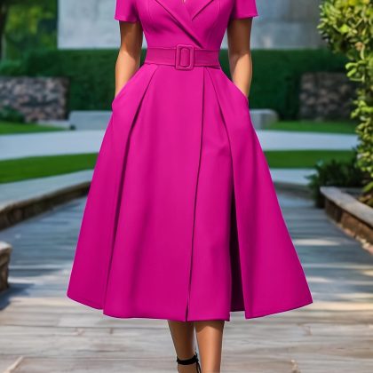 Women'S Elegant V-Neck Sleeveless Fitted Dress with Belt - Bright Pink, Perfect for Spring and Summer, Adult, Casual Attire|Vneckline Dress|Sleeveless Fashion, Plus Size Dress