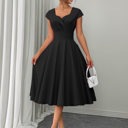 Elegant Vintage 1950s 1960s A-Line Midi Dress for Women - V-Neck, Sleeveless, Solid Color Black, Flared Hem, Perfect for Weddings & Parties, Ruched Design, Summer Ready, A-Line Silhouette | Ruched Bodice | Sleeveless Design, Vintage Wedding Dresses