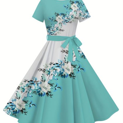 Women'S Elegant Floral Print A-Line Dress with Short Sleeves and Tie Waist - Light Blue and White, Perfect for Summer Events, Casual to Semi-Formal Attire, Casual Attire | Floral Print Dress | Lace Up Detail, Floral Dress