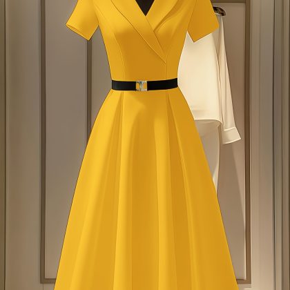 Women's Elegant Mustard Yellow A-Line dress - Belted waist formal & casual party, Office, Everyday Outfit - Flattering Fit Non-See-Through Fabric - All-Season Chic Women's Dress, Office Attire, Durable Material, Professional Women