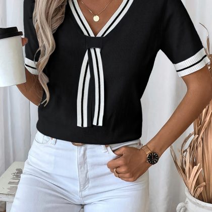 Women'S Elegant V-Neck Knit Top with Tie Detail - Black & White Color Block, Short Sleeve, Breathable Polyester for Casual Summer Wear, Casual Summer Wear | Elegant Knitwear | Glossy Texture, Ladies T Shirt