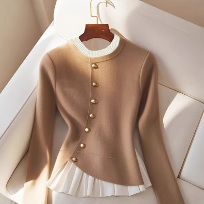 Women's Elegant Beige Sweater - Soft Round Neck Pullover with Golden-Tone Buttons, Machine Washable All-Season Top for Casual & Formal Outfits, Sweater, Everyday Comfort Wear, Sophisticated Design, Comfortable Fit