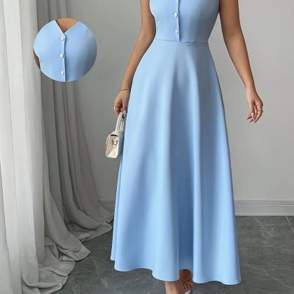 Elegant Blue Sleeveless Midi Dress with Bow Detail and Button Waist - V-Neck, Polyester, Casual Style for Women