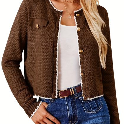 [Solid Color Cardigan] Long-Sleeve Solid Color Women's Knitted Cardigan | YY1212021 Spring And Autumn With Contrasting Edge Decoration And Faux Pockets