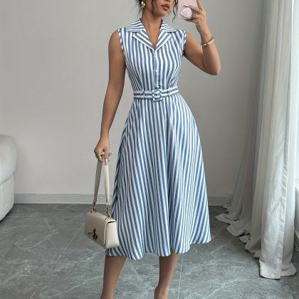 Women's Sleeveless Striped Midi Dress with Adjustable Waist Tie - Lightweight Summer Dress for Spring/Summer, Machine Washable, Versatile Casual to Formal Wear, Formal Attire | No Stretch Fabric