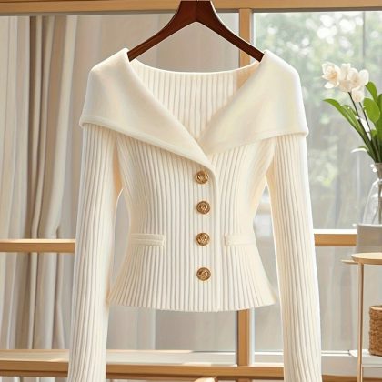 Elegant White Sweater Jacket for Women - Chic V-Neck, Long Sleeve, Button-Up Design with Ribbed Detailing, Stretch Fabric, Perfect for Casual or Formal Occasions
