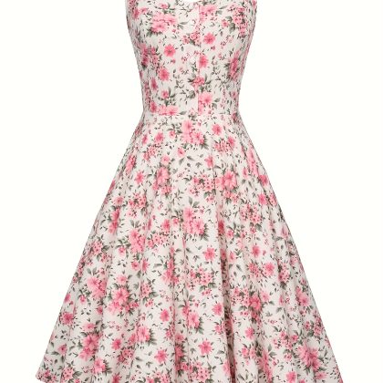 Stunning Floral Print Strap Dress - Women's Elegant Vacation Clothing - Spring & Summer Pleated Fake Button Style with Comfortable Fit