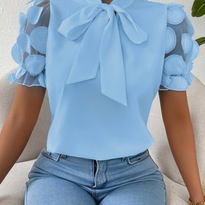 Women's Short Sleeve Tie-Neck Casual Summer Shirt