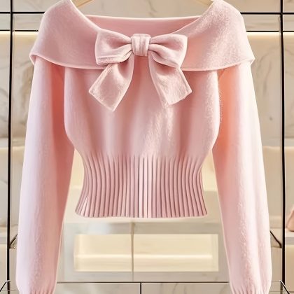 Women's Elegant Off-Shoulder Cardigan with Bow Detail - Soft Stretchy Solid Color Sweater for All-Season Wear, Chic Layering Piece for Casual or Formal Outfits, Sweater, Butterfly Knot Design, Highelastic