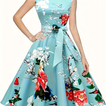 New Classic Retro Elegant Sleeveless Flower Print Gift Dress
