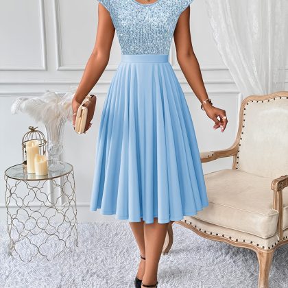 Sparkling V-Neck Short Sleeve A-Line Sequin Patchwork Dress - Elegant Semi-Sheer Summer Dress with Moderate Stretch, Hand Wash Only for Women, Versatile for Dates & Daily Wear, Evening Occasion, Fitted Top, Stylish Construction, Fashionforward Women