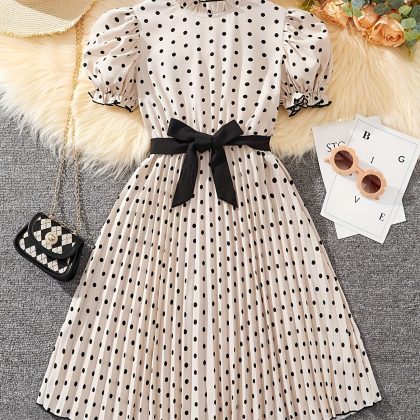 Charming Tween Girls' Polka Dot Midi Dress with Detachable Belt - Casual A-Line, Puff Sleeves & Ruffle Hem, Polyester, Machine Washable - Perfect for Spring/Summer