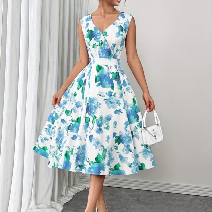 Vintage 50s Floral Print A-Line Dress for Women - V-Neck, Cinched Waist, Flared Skirt, Short Sleeve, Light Blue Floral Pattern, Perfect for Cocktail Parties & Summer Events, Cocktail Party Dress | Vintage A-Line Dress | Cinched Waist Design
