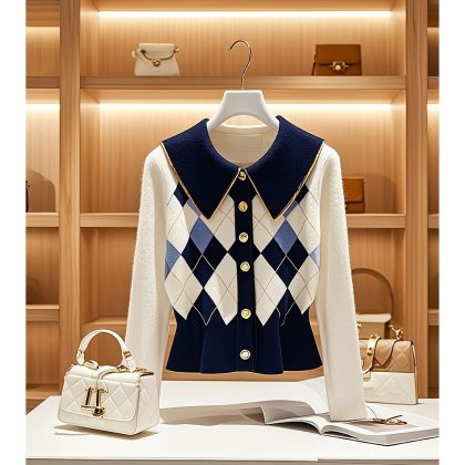 Elegant French-Style Diamond Quilted Color Block Cardigan - Button Front, Sleeve, Lapel Collar, Geometric Pattern, Machine Washable for Women - Spring/Summer/Fall Fashion, Autumn Fashion Wear | Geometric Pattern Cardigan | Argyle Pattern Sweater, Lightweight Cardigan