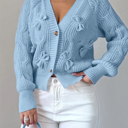 Elegant Women'S 3D Bow Long Sleeve Knitted Cardigan