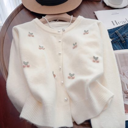 Women's Elegant Cherry & Pearl Embellished Cardigan - Open Front Long Sleeve Sweater for Spring Summer Fall, Lightweight Layering Piece with Button Closure, Casual Chic Top, Soft Texture Apparel