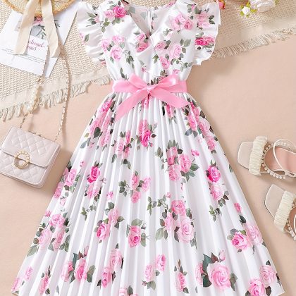 1pc Girls' Floral Print A-Line Dress with Ruffled Neckline & Pink Bow Belt - 100% Polyester, Machine Washable, Spring/Summer Casual Wear for Youngsters, Dresses for Girls