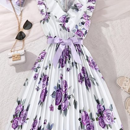 Elegant Little Purple Floral Dress with Ruffled Sleeves - Soft, Non-Stretch Fabric, Tie-Front Detail, Perfect for Spring/Summer Birthdays and Parties, Spring Dress | Floral Print Dress | Ruffled Sleeve Dress