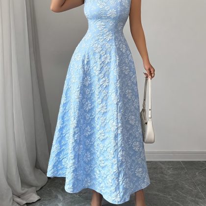 Elegant Blue Floral Print Maxi Dress with Zipper Detail - Sleeveless, Square Neck, Perfect for Spring and Summer, Adult Women'S Fashion, Casual Attire|Floral Print Dress|Zipper Closure